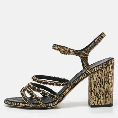 Pre-owned Chanel Gold/black Leather Chain Detail Ankle Strap Sandals Size 40.5