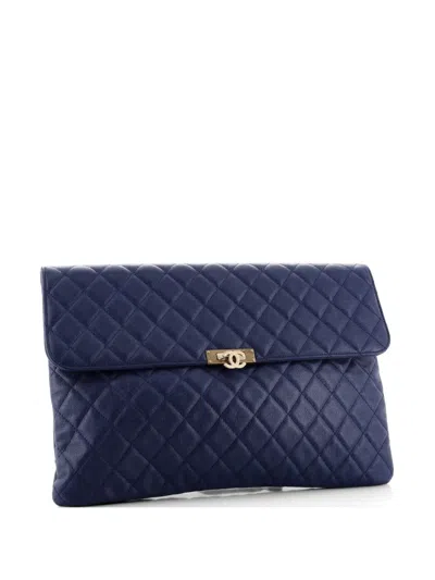 Pre-owned Chanel Golden Class O Case Quilted Caviar Large Clutch Bag In Blue
