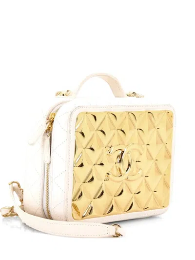 Pre-owned Chanel Golden Plate Vanity Case Quilted Metal And Lambskin Medium Satchel