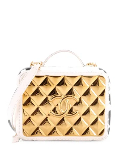 Pre-owned Chanel Golden Plate Vanity Case Quilted Metal And Lambskin Medium Satchel In White