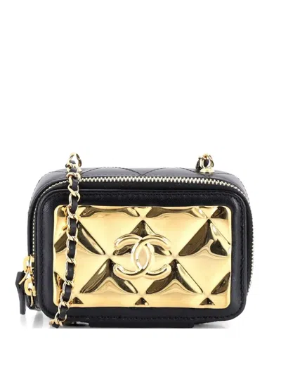 Pre-owned Chanel Golden Plate Zip Around Vanity Case With Chain Quilted Metal And Lambskin Extra Mini Clutch Bag In Black