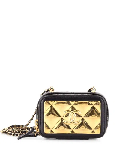 Pre-owned Chanel Golden Plate Zip Around Vanity Case With Chain Quilted Metal And Lambskin Extra Mini Clutch Bag In Black