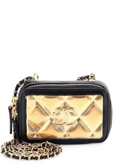 Pre-owned Chanel Golden Plate Zip Around Vanity Case With Chain Quilted Metal And Lambskin Extra Mini Clutch Bag In Black