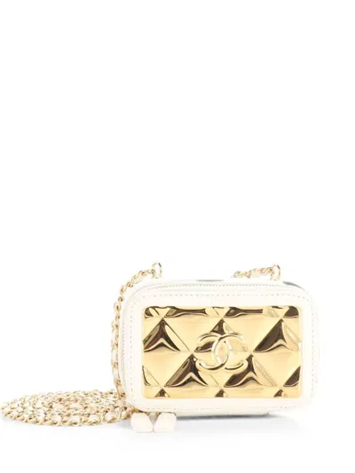Pre-owned Chanel Golden Plate Zip Around Vanity Case With Chain Quilted Metal And Lambskin Extra Mini Clutch Bag In White