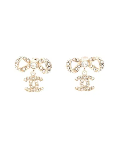 Pre-owned Chanel Gold-plated Coco Mark Ribbon Earrings Gold Rhinestone (authentic Pre-  Loved)