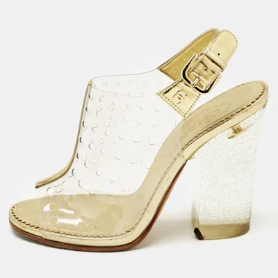 Pre-owned Chanel Gold/transparent Pvc And Leather Block Heel Slingback Sandals Size 37.5