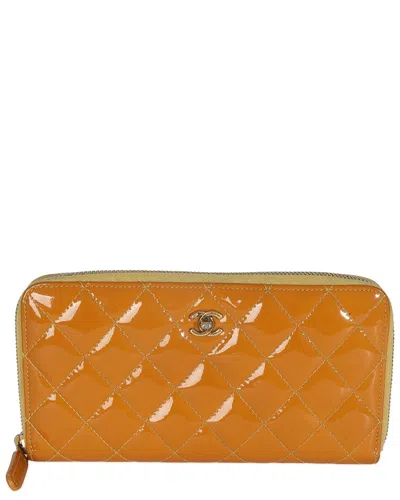 Pre-owned Chanel Gold/yellow Quilted Patent Leather Brilliant Zip Around Wallet  (authentic Pre-loved)
