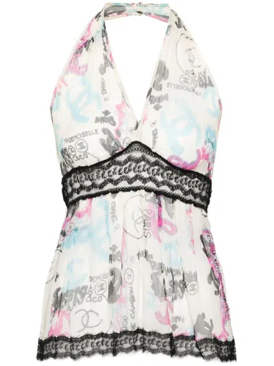 Pre-owned Chanel Graffiti Line Silk Top In White