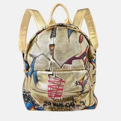Pre-owned Chanel Graffiti Street Spirit Gold Printed Canvas Backpack Bag In Multicolor