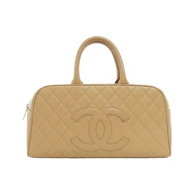 Pre-owned Chanel Grained Calfskin Boston Bag Handbag () In Sand