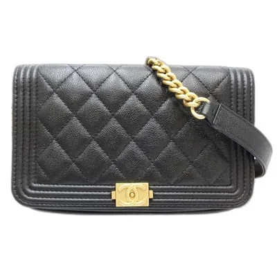 Pre-owned Chanel Grained Calfskin Chain/shoulder Wallet () In Black