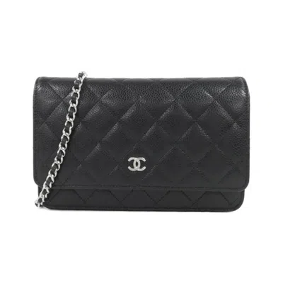 Pre-owned Chanel Grained Calfskin Chain/shoulder Wallet () In Black