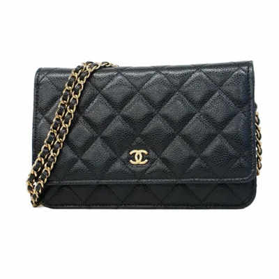 Pre-owned Chanel Grained Calfskin Chain/shoulder Wallet () In Black