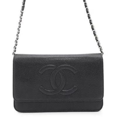 Pre-owned Chanel Grained Calfskin Chain/shoulder Wallet () In Black