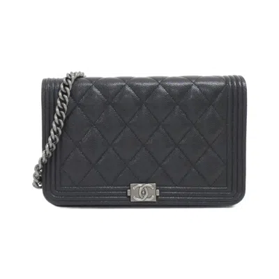Pre-owned Chanel Grained Calfskin Chain/shoulder Wallet () In Black