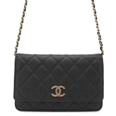 Pre-owned Chanel Grained Calfskin Chain/shoulder Wallet () In Black