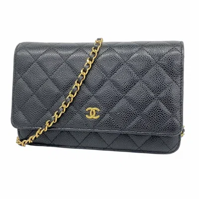 Pre-owned Chanel Grained Calfskin Chain/shoulder Wallet () In Black