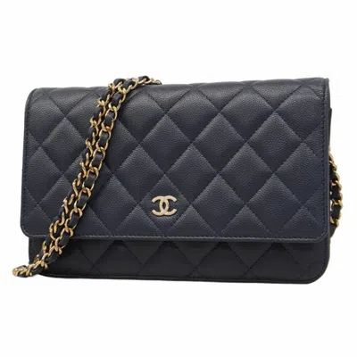Pre-owned Chanel Grained Calfskin Chain/shoulder Wallet () In Blue