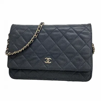 Pre-owned Chanel Grained Calfskin Chain/shoulder Wallet () In Blue