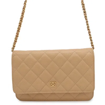 Pre-owned Chanel Grained Calfskin Chain/shoulder Wallet () In Sand