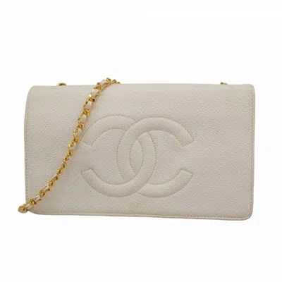 Pre-owned Chanel Grained Calfskin Chain/shoulder Wallet () In White