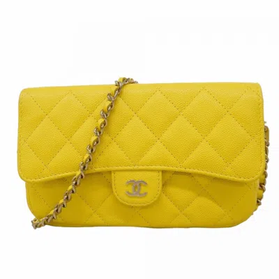 Pre-owned Chanel Grained Calfskin Chain/shoulder Wallet () In Yellow