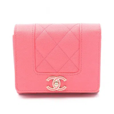 Pre-owned Chanel Grained Calfskin Leather Wallet (tri-fold) () In Pink
