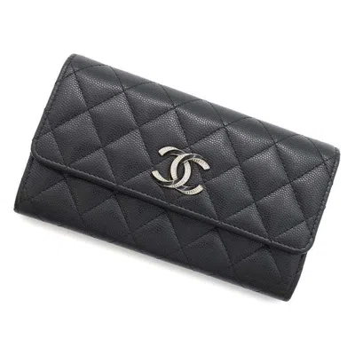Pre-owned Chanel Grained Calfskin Long Wallet (bi-fold) () In Black