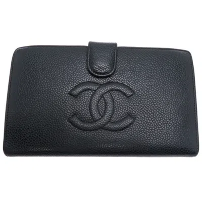 Pre-owned Chanel Grained Calfskin Long Wallet (bi-fold) () In Black