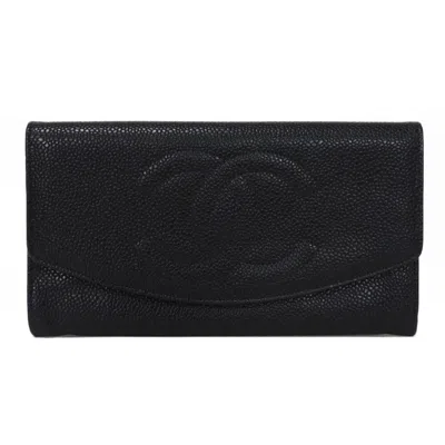 Pre-owned Chanel Grained Calfskin Long Wallet (bi-fold) () In Black