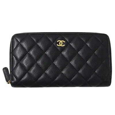 Pre-owned Chanel Grained Calfskin Long Wallet (bi-fold) () In Black