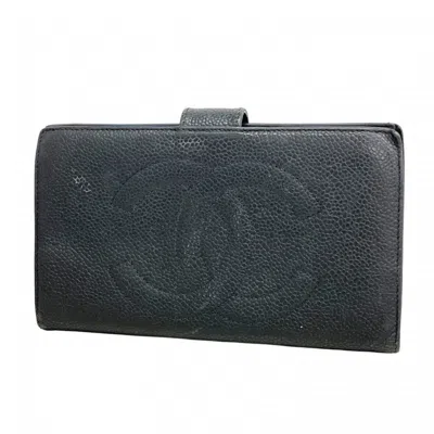 Pre-owned Chanel Grained Calfskin Long Wallet (bi-fold) () In Black