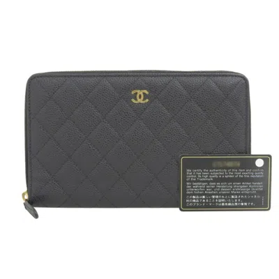 Pre-owned Chanel Grained Calfskin Long Wallet (bi-fold) () In Black