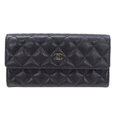 Pre-owned Chanel Grained Calfskin Long Wallet (bi-fold) () In Black
