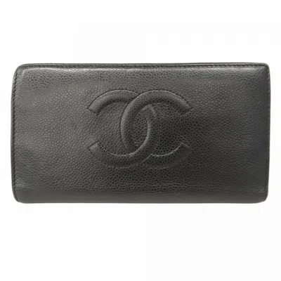 Pre-owned Chanel Grained Calfskin Long Wallet (bi-fold) () In Black