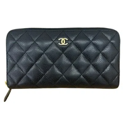 Pre-owned Chanel Grained Calfskin Long Wallet (bi-fold) () In Black