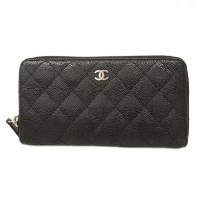 Pre-owned Chanel Grained Calfskin Long Wallet (bi-fold) () In Black