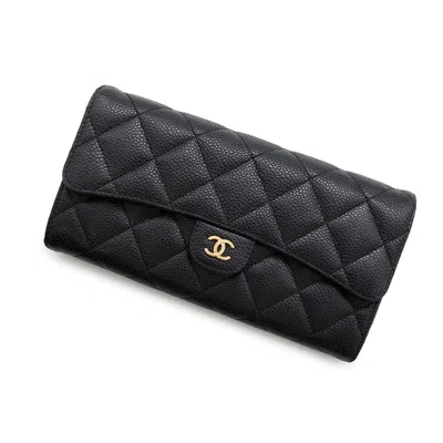 Pre-owned Chanel Grained Calfskin Long Wallet (bi-fold) () In Black