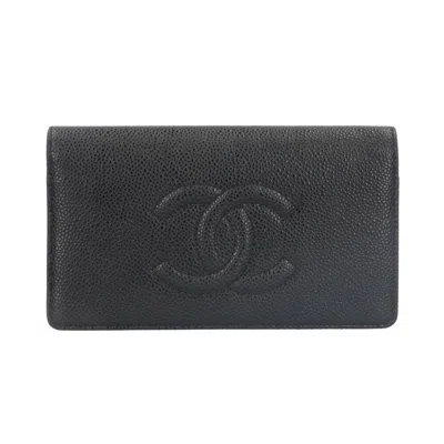 Pre-owned Chanel Grained Calfskin Long Wallet (bi-fold) () In Black