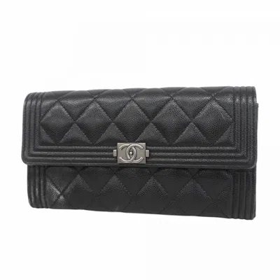 Pre-owned Chanel Grained Calfskin Long Wallet (bi-fold) () In Black