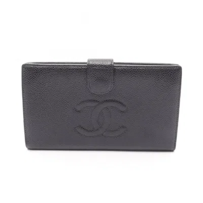 Pre-owned Chanel Grained Calfskin Long Wallet (bi-fold) () In Black