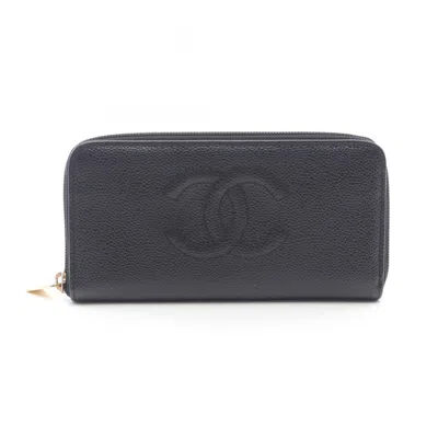 Pre-owned Chanel Grained Calfskin Long Wallet (bi-fold) () In Black