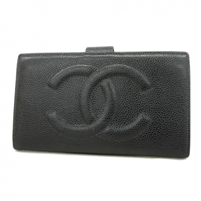 Pre-owned Chanel Grained Calfskin Long Wallet (bi-fold) () In Black