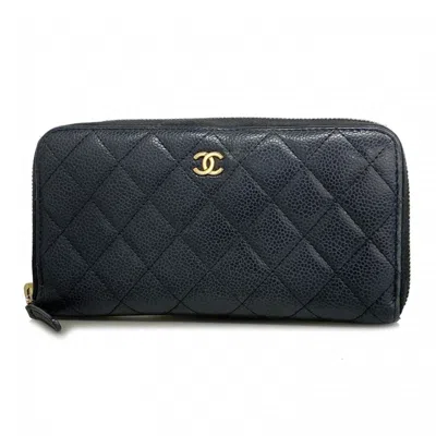 Pre-owned Chanel Grained Calfskin Long Wallet (bi-fold) () In Black