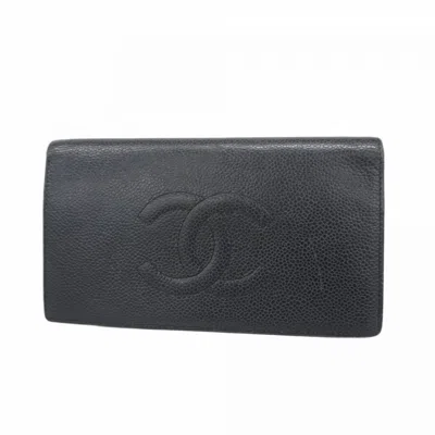 Pre-owned Chanel Grained Calfskin Long Wallet (bi-fold) () In Black