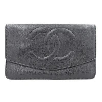 Pre-owned Chanel Grained Calfskin Long Wallet (bi-fold) () In Black