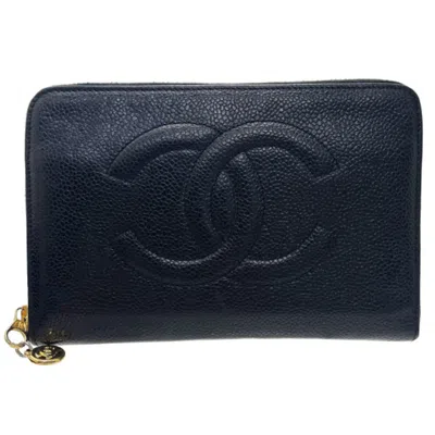 Pre-owned Chanel Grained Calfskin Long Wallet (bi-fold) () In Black
