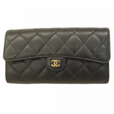 Pre-owned Chanel Grained Calfskin Long Wallet (bi-fold) () In Black
