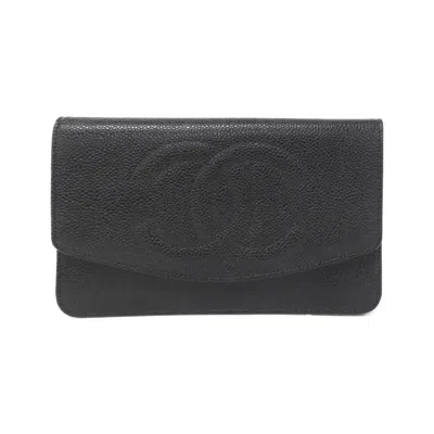 Pre-owned Chanel Grained Calfskin Long Wallet (bi-fold) () In Black
