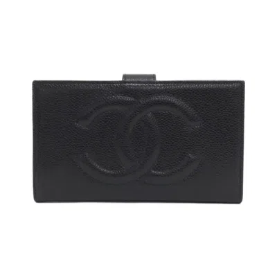 Pre-owned Chanel Grained Calfskin Long Wallet (bi-fold) () In Black
